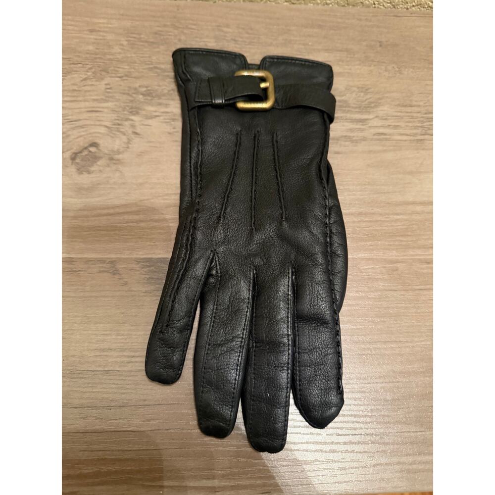Burberry Blue Label Black Leather Gloves Gold Buckle Strap Size Small